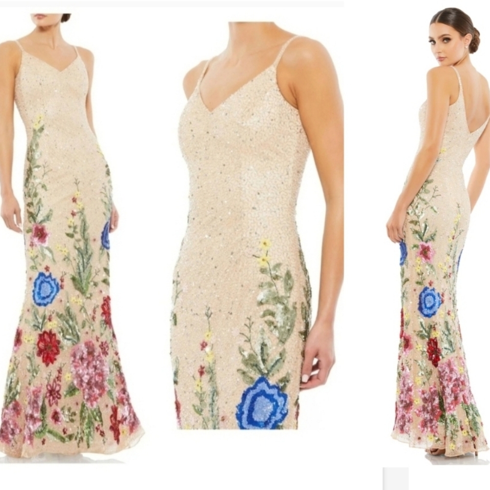 Mac Duggal Cream fully beaded floral silhouette dress SZ 0 NWT